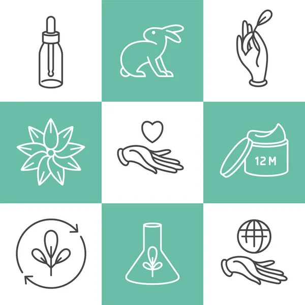 Vektor-Set von Logos, Abzeichen und Symbolen für natürliche umweltfreundliche handgefertigte Produkte, Bio-Kosmetik, vegane und vegetarische Lebensmittel isoliert auf weißem Hintergrund. Design umweltfreundlicher Schilder. — Stockvektor