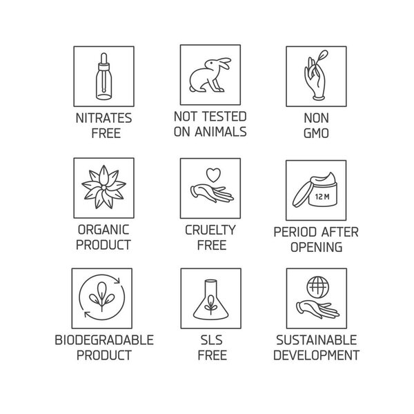 Vector set of logos, badges and icons for natural eco friendly handmade products, organic cosmetics, vegan and vegetarian food isolated on white background. Eco safe sign design.