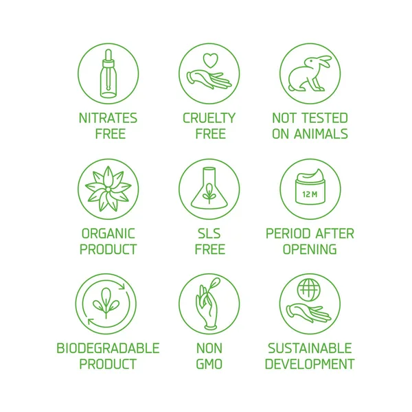 Διάνυσμα σύνολο λογότυπα, εμβλήματα και τα εικονίδια για το φυσικό eco φιλικό χειροποίητα προϊόντα, βιολογικά καλλυντικά, vegan και χορτοφαγικά τρόφιμα απομονωμένα σε λευκό φόντο. Ασφαλής είσοδος οικολογικού σχεδιασμού. — Διανυσματικό Αρχείο