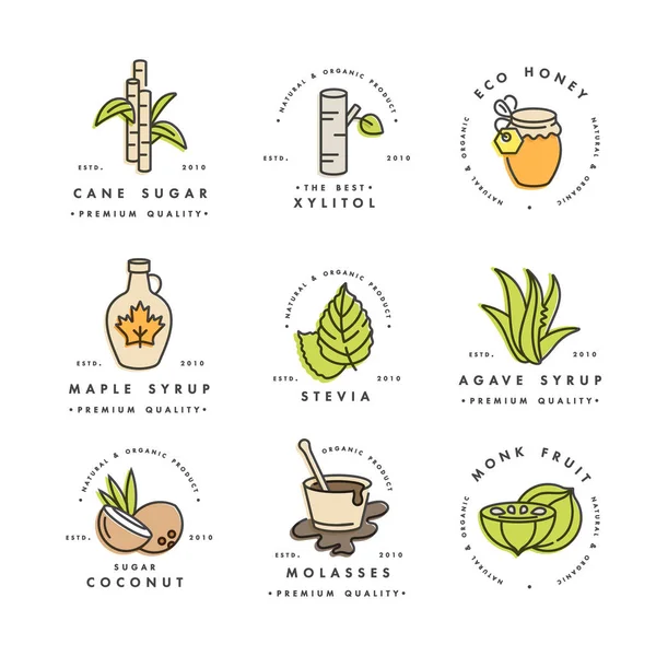 Vector uppsättning logotyper, emblem och ikoner för naturliga och ekologiska produkter. Collection symbol för hälsosamma produkter och socker alternativ, naturliga substitut. — Stock vektor