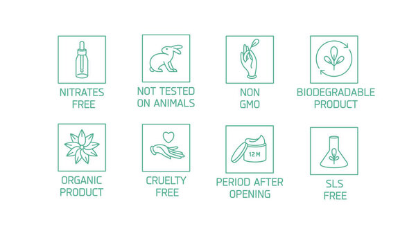 Vector set of logos, badges and icons for natural eco friendly handmade products, organic cosmetics, vegan and vegetarian food isolated on white background. Eco safe sign design.