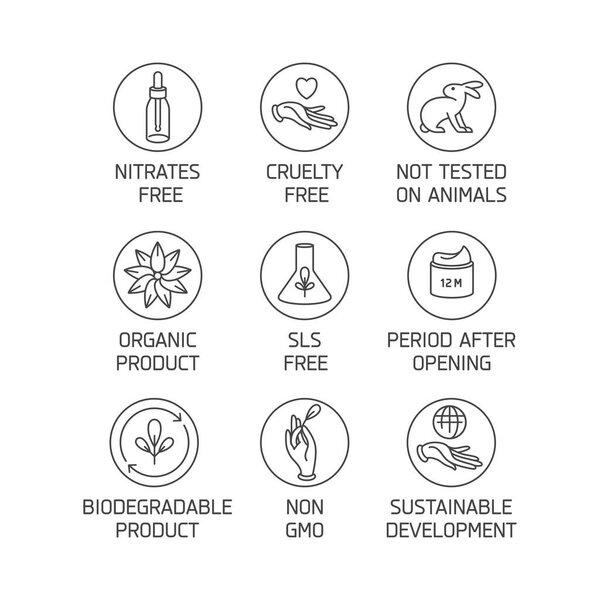 Vector set of logos, badges and icons for natural eco friendly handmade products, organic cosmetics, vegan and vegetarian food isolated on white background. Eco safe sign design.