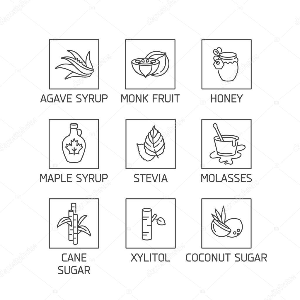 Vector set of logos, badges and icons for natural and organic products. Collection symbol of healthy products and sugar alternatives, natural substitutes