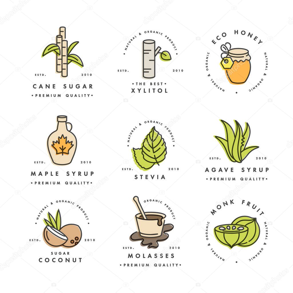 Vector set of logos, badges and icons for natural and organic products. Collection symbol of healthy products and sugar alternatives, natural substitutes