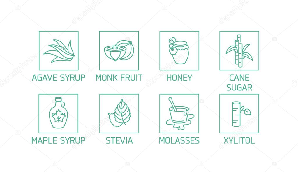 Vector set of logos, badges and icons for natural and organic products. Collection symbol of healthy products and sugar alternatives, natural substitutes