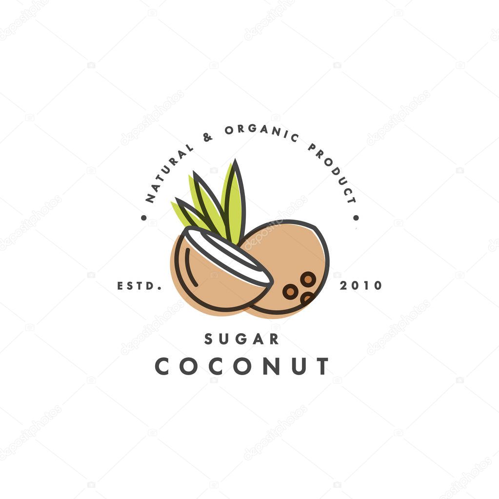 Packaging design template logo and emblem - sugar - coconut. Logo in trendy linear style.