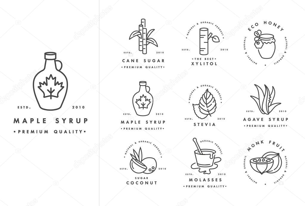 Vector set of logos, badges and icons for natural and organic products. Collection symbol of healthy products and sugar alternatives, natural substitutes