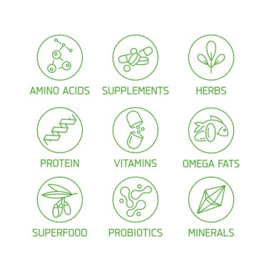Doğal ve sağlıklı ürünler için logolar, rozetler ve simgeler vektör seti. Sağlıklı beslenme ve diyet koleksiyonu sembolü, vitaminler, takviyeleri.