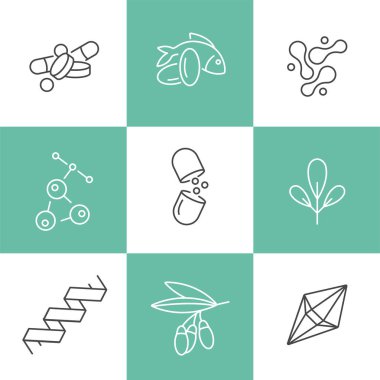 Doğal ve sağlıklı ürünler için logolar, rozetler ve simgeler vektör seti. Sağlıklı beslenme ve diyet koleksiyonu sembolü, vitaminler, takviyeleri.