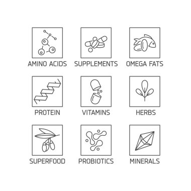Vector set of logos, badges and icons for natural and health products. Collection symbol of healthy eating and dieting, vitamins, supplements. clipart