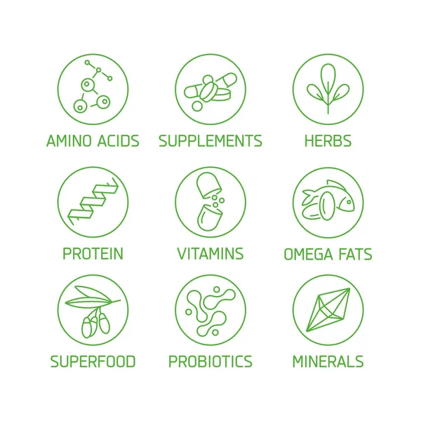 Doğal ve sağlıklı ürünler için logolar, rozetler ve simgeler vektör seti. Sağlıklı beslenme ve diyet koleksiyonu sembolü, vitaminler, takviyeleri.