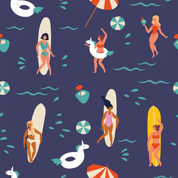 벡터 일러스트 레이션 여자 서퍼 서핑 보드와 함께 서 해변에서 재미, 열대 칵테일을 마시고 춤을. 여름철 매끄러운 패턴. — 스톡 벡터