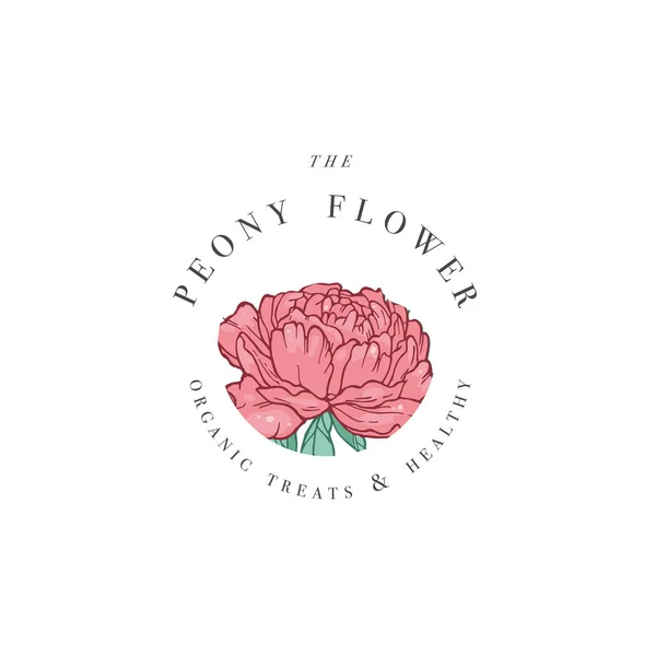 Dessin à la main vectoriel pivoine fleurs logo illustration. Une couronne florale. Emblème floral botanique avec typographie sur fond blanc . — Image vectorielle