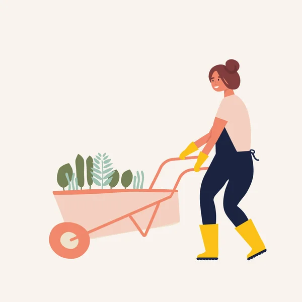 Ilustración plana vectorial de carácter jardinero. Mujer joven sosteniendo carretilla de tierra con plantas . — Vector de stock