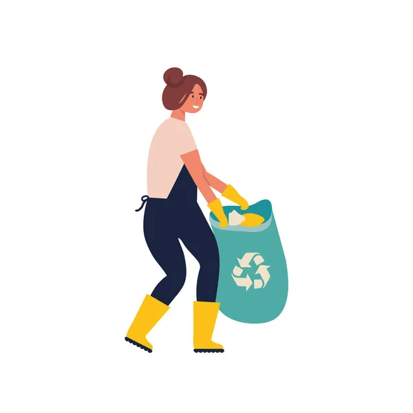 Žena sbírá odpadky a plastový odpad k recyklaci. Recyklace služeb. Recyklovat organické odpadky v různých kontejnerech pro separaci, aby se snížilo znečištění životního prostředí. — Stockový vektor
