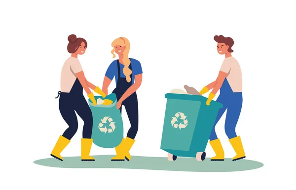 Zestaw osób zbierający śmieci i odpady z tworzyw sztucznych do recyklingu. Recykling usług. Recykling sortowanie organicznych śmieci w różnych pojemnikach do separacji w celu zmniejszenia zanieczyszczenia środowiska. — Wektor stockowy