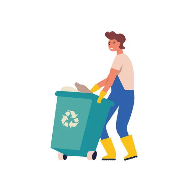 リサイクルのためにゴミやプラスチック廃棄物を集める男。サービスリサイクル。環境汚染を減らすために分離するために別の容器で有機ゴミを並べ替える. — ストックベクタ