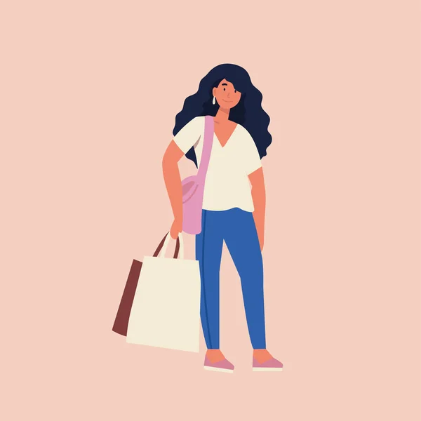 Ilustración plana vectorial de hermosa mujer yong con bolsas de compras. Gran día de venta . — Vector de stock