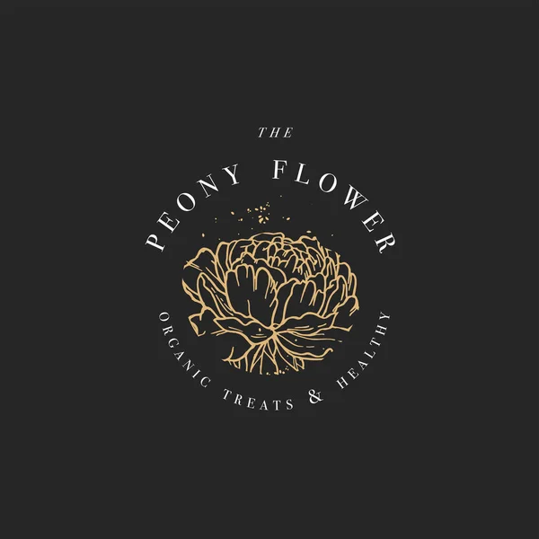 Dessin à la main vectoriel pivoine fleurs logo illustration. Une couronne florale. Emblème floral botanique doré avec typographie sur fond blanc . — Image vectorielle