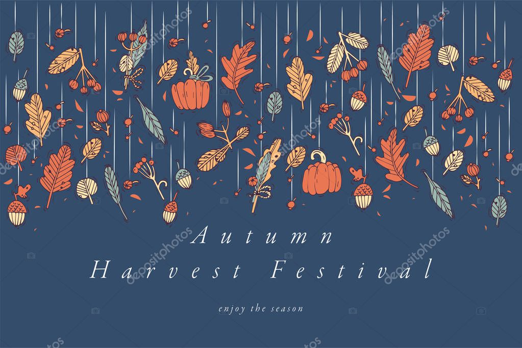 Vector linear design Harvest festival greetings card. Typography ang icon for autumn holiday background, banners or posters and other printables