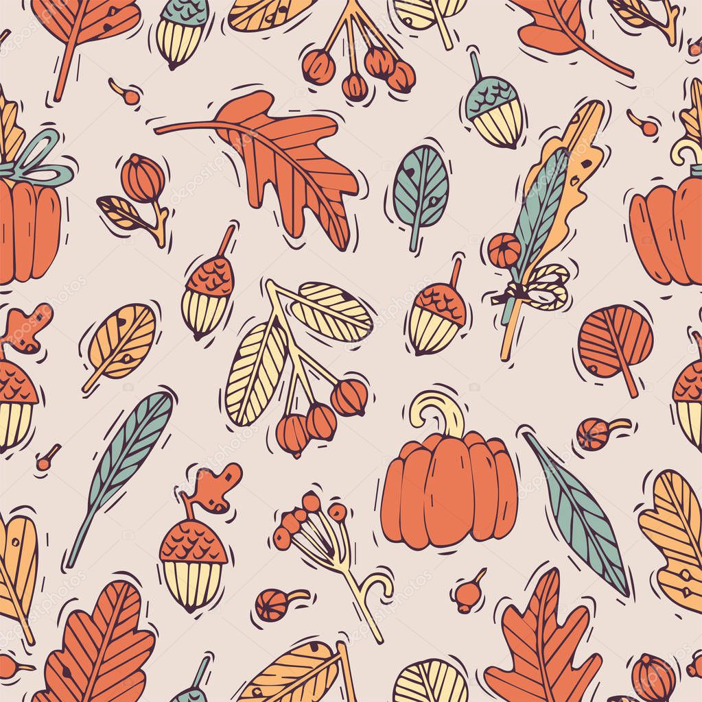 Vector seamless autumn design patte. Pattern or background for wrapping paper or package. Fall icons