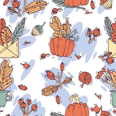 Vektör dikişsiz sonbahar tasarım patte. Ambalaj kağıdı veya paket için desen veya arka plan. Sonbahar simgeleri.