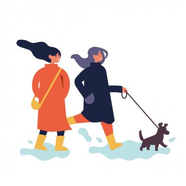 Sonbahar sezonu giysiler mutlu kadın çift vektör Illustration. Genç kızlar zevk onların zaman açık havada içinde Park yürüyüş ile köpek.