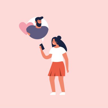 Vektör kavramı online dating uygulama, düz tasarım. Genç kız tutan mobil cihaz ve sohbet ile onu erkek arkadaşı.