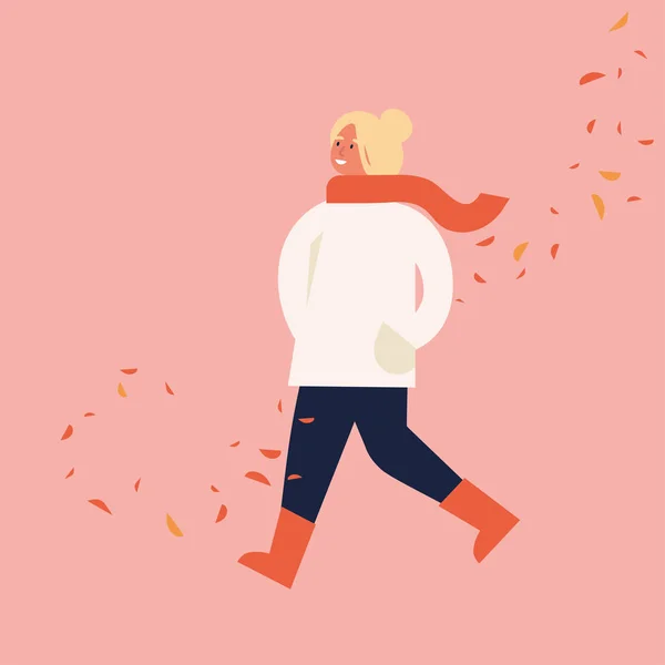 Ilustración vectorial de mujer feliz en ropa de temporada de otoño. Chica joven caminando rodeada de hojas que caen . — Vector de stock