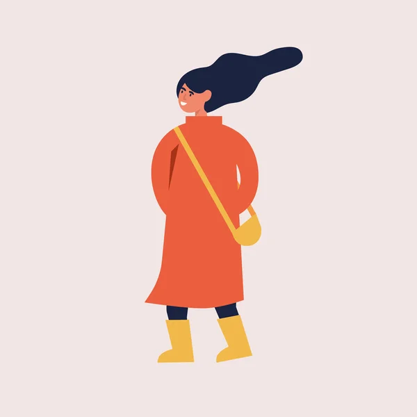 Vector illustratie van gelukkige vrouw in de herfst seizoen kleren. Jong meisje wandelen. — Stockvector