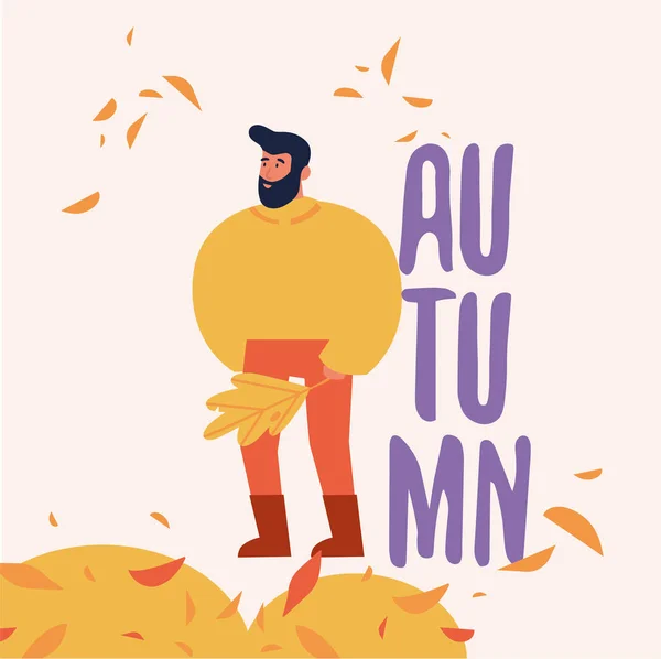 Vektorová ilustrace šťastného muže stojícího a držící list obklopený padajícími listy venku v podzimní sezoně oblečení. — Stockový vektor