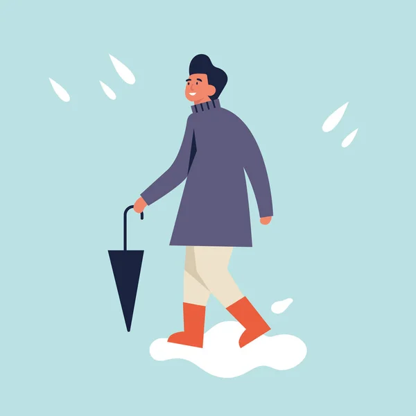 Ilustración vectorial del hombre feliz en ropa de temporada de otoño. Joven caminando y sosteniendo el paraguas. Clima lluvioso . — Vector de stock