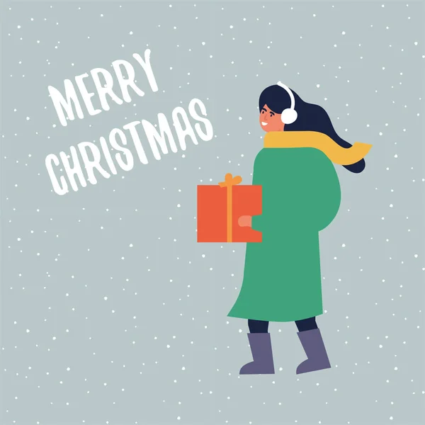 ベクトルイラスト歩行女性はプレゼントボックスを運ぶ。クリスマスのキャラクター. — ストックベクタ