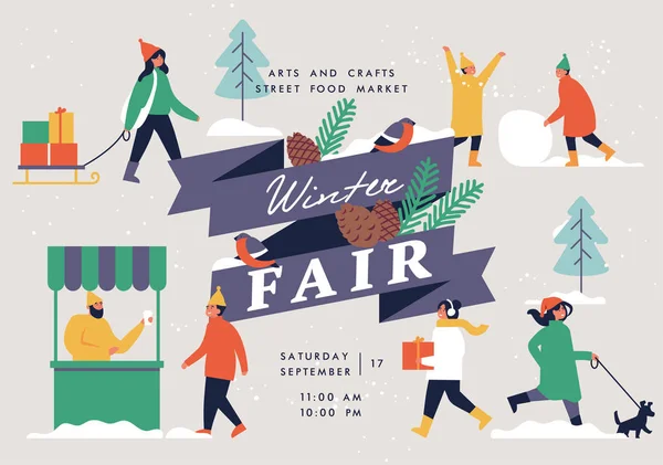 Vector winter Fair poster, flyer of banner of banner sjabloon met mensen genieten van hun tijd buitenshuis in Park. Kerst vakantie seizoen recreatie en openbare evenement. — Stockvector