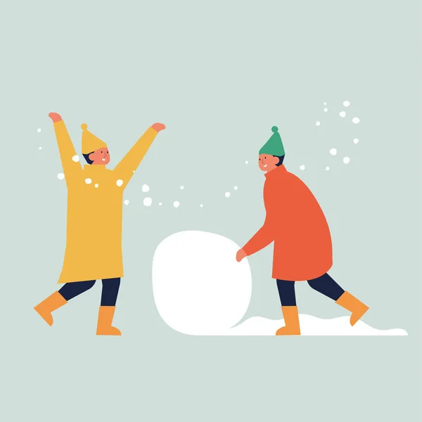 Векторні ілюстрації діти роблять сніговика. Різдвяні персонажі . — стоковий вектор
