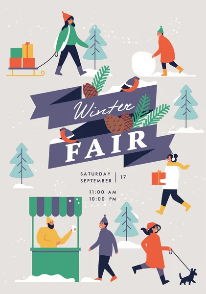 Vector winter Fair poster, flyer of banner of banner sjabloon met mensen genieten van hun tijd buitenshuis in Park. Kerst vakantie seizoen recreatie en openbare evenement. — Stockvector