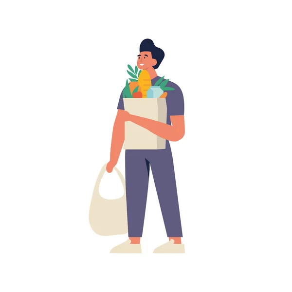 Ilustración vectorial joven están llevando bolsas ecológicas con compras. Cuidar el medio ambiente. Eco compras de comestibles . — Vector de stock