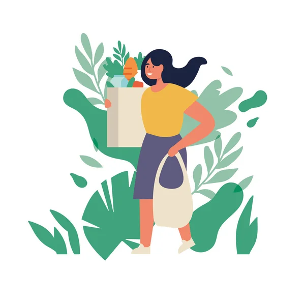 Ilustración vectorial pareja de jóvenes que llevan bolsas ecológicas con compras. Cuidar el medio ambiente. Eco compras de comestibles . — Vector de stock