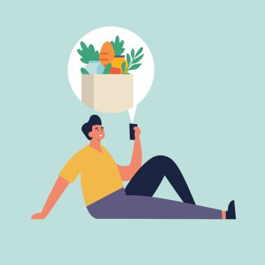 Vektör illüstrasyon genç adam internetten bakkal alışverişi yapıyor. Telefonla, tarama cihazlarıyla. Yemek getirdim..