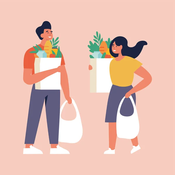 Vektorové ilustrace pár mladých lidí nesoucích ekodesigny s nákupy. Péče o životní prostředí. Eco nakupování potravin. — Stockový vektor