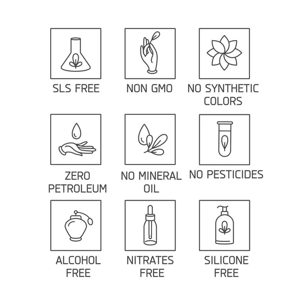 天然および有機製品用のロゴ、バッジ、アイコンのベクトルセット。エコセーフサインデザイン。健康的な製品のコレクションシンボル. — ストックベクタ
