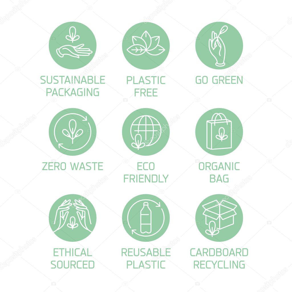 Vector set of logos, badges and icons for natural and organic products. Eco safe sign design. Collection symbol for zero waste and reusable packaging.