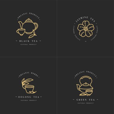 Vector set design golden templates logo and emblems - organic herbs and teas . Different teas icon- jasmine, black, green and oolong . Logos in trendy linear style isolated on white background. clipart