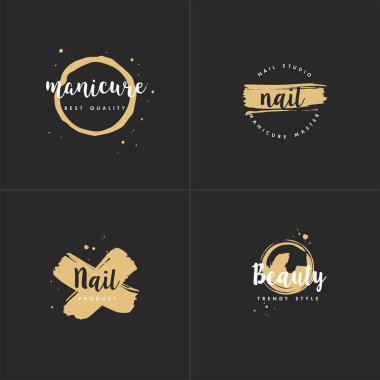 Vector set emblems, badges or logos design templates for nail studio, beauty shop sign with round spots and brush stroke. Golden icon. clipart