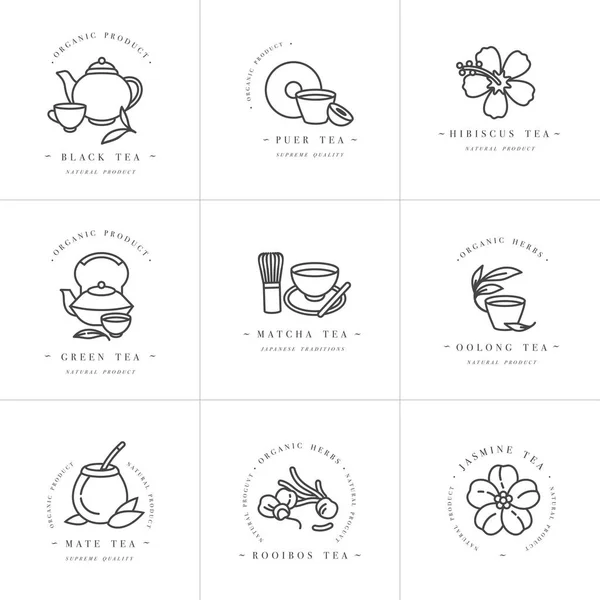Vektorová sada designu monochromatické šablony logo a emblémy - organické byliny a čaje. Jiná ikona čaje. Loga v módním lineárním stylu izolovaná na bílém pozadí. — Stockový vektor