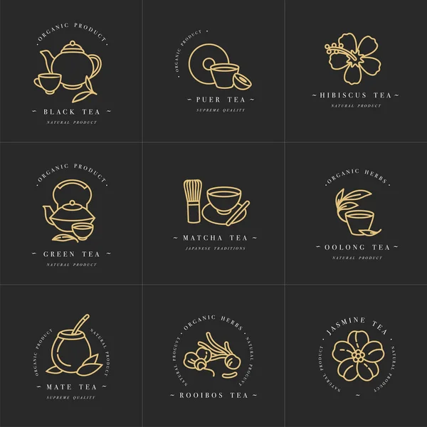 Vector set design golden templates logo and emblems - organic herbs and tas. Diferentes tés icono. Logotipos en estilo lineal de moda aislados sobre fondo blanco . — Vector de stock