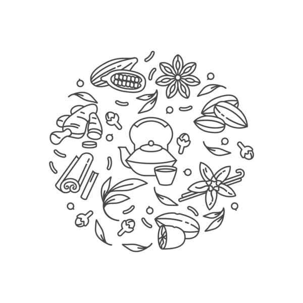 矢量集设计单色模板图标和标志-有机草药和不同的香料. 玛莎拉茶象征着构图。 白色背景下的时髦线性风格符号. — 图库矢量图片