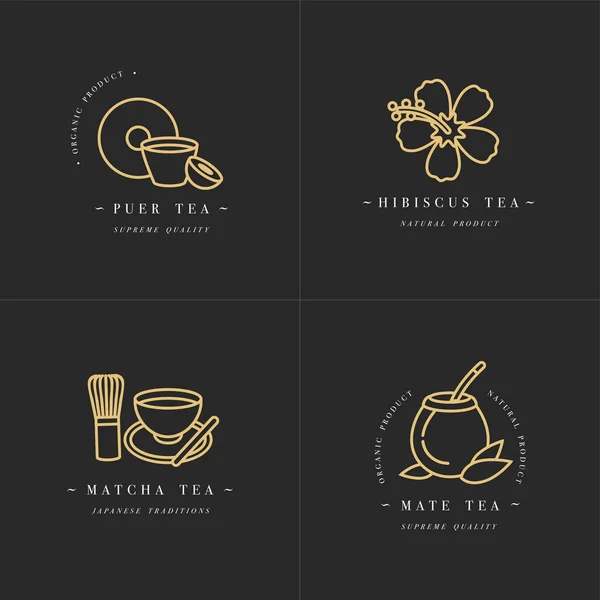 Vektorové set design zlaté šablony logo a emblémy - organické byliny a čaje. Různé čaje ikony-puer, ibišek, mat a matcha. Loga v módním lineárním stylu izolovaná na bílém pozadí. — Stockový vektor