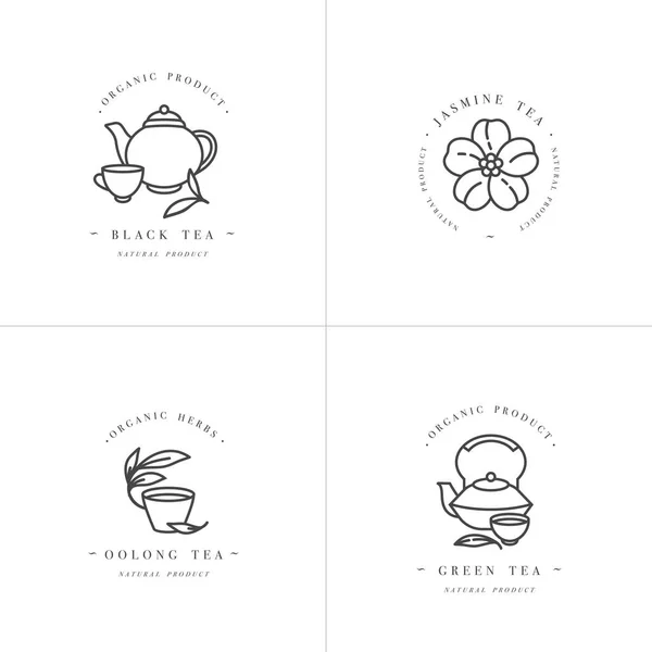 Vektorová sada designu monochromatické šablony logo a emblémy - organické byliny a čaje. Různé čajové ikony- jasmín, černá, zelená a oolong. Loga v módním lineárním stylu izolovaná na bílém pozadí. — Stockový vektor