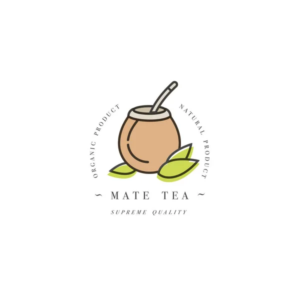 Λογότυπο και έμβλημα του προτύπου σχεδιασμού συσκευασίας - τσάι ματ. Λογότυπο σε μοντέρνο γραμμικό στυλ που απομονώνεται σε λευκό φόντο. — Διανυσματικό Αρχείο